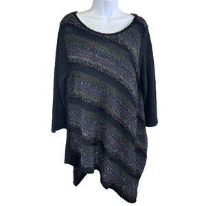 Curio Sweater Women's Size L Wool Blend Asymmetrical Hem Stripes Boho 3/4 Sleeve